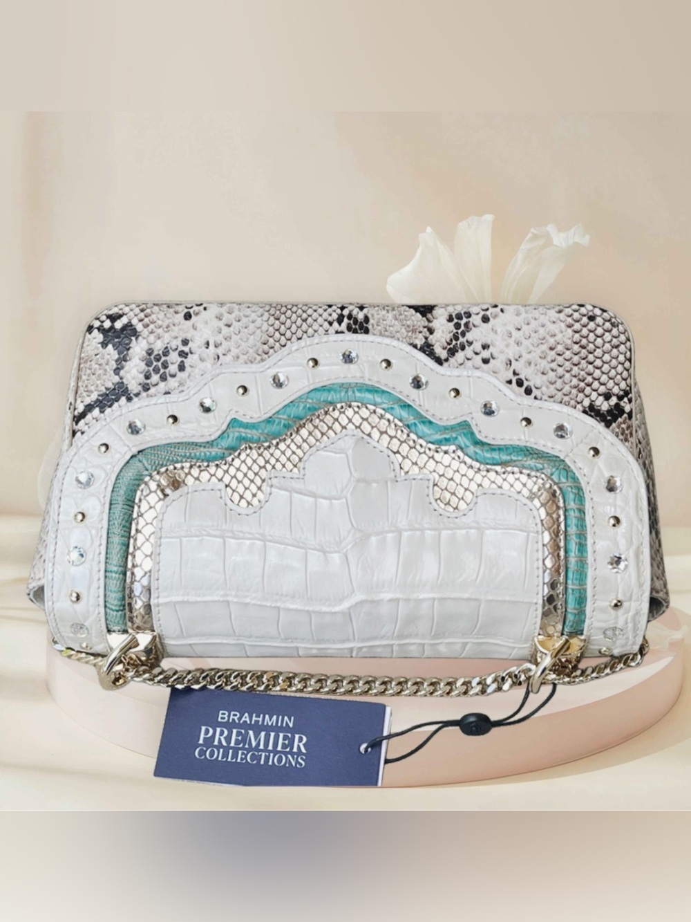 Brahmin NWT Leather Cream Croc-Embossed Convertible Bag w Teal & Brown Accents - Picture 10 of 15